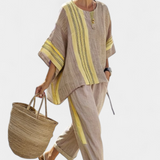 Len-bambusz szett bájos levendulával és sárga csíkkal