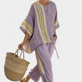 Len-bambusz szett bájos levendulával és sárga csíkkal