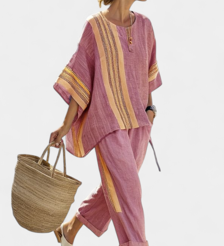 Len-bambusz szett bájos levendulával és sárga csíkkal