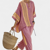 Len-bambusz szett bájos levendulával és sárga csíkkal