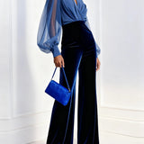 Zaira - Hosszú bársonynadrágos overál V-nyakkal és hosszú kék hálós ujjal