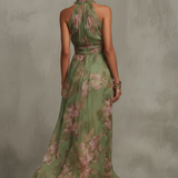 Serena | Zöld virágmintás chiffon hosszú ruha, halter nyakkivágással