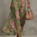 Serena | Zöld virágmintás chiffon hosszú ruha, halter nyakkivágással
