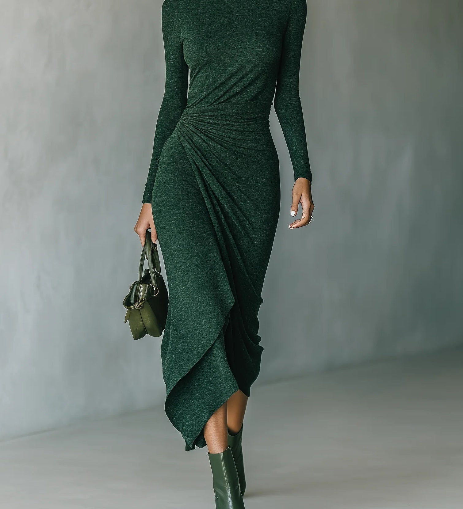 Lenora - Aszimmetrikus, ráncolt midi ruha magas nyakkal, sötétzöld