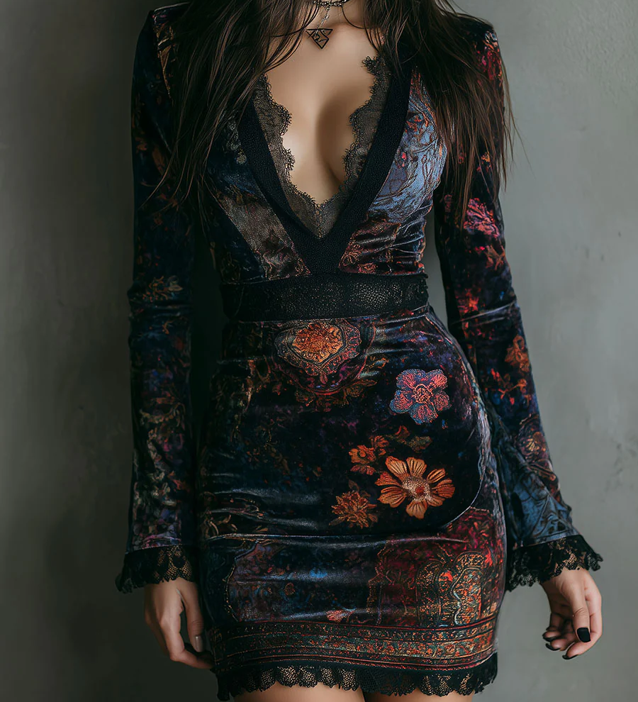 Grazia - Mini Slim-fit Velúr Ruha Virágmintával és Csipkével