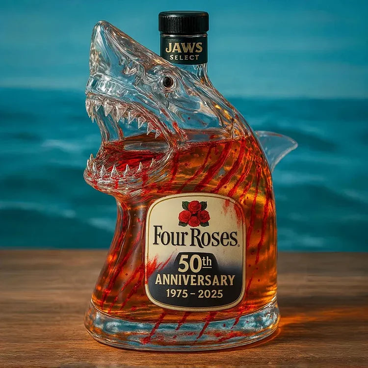 Limitált kiadású Shark Jaws évfordulós whiskey üveg